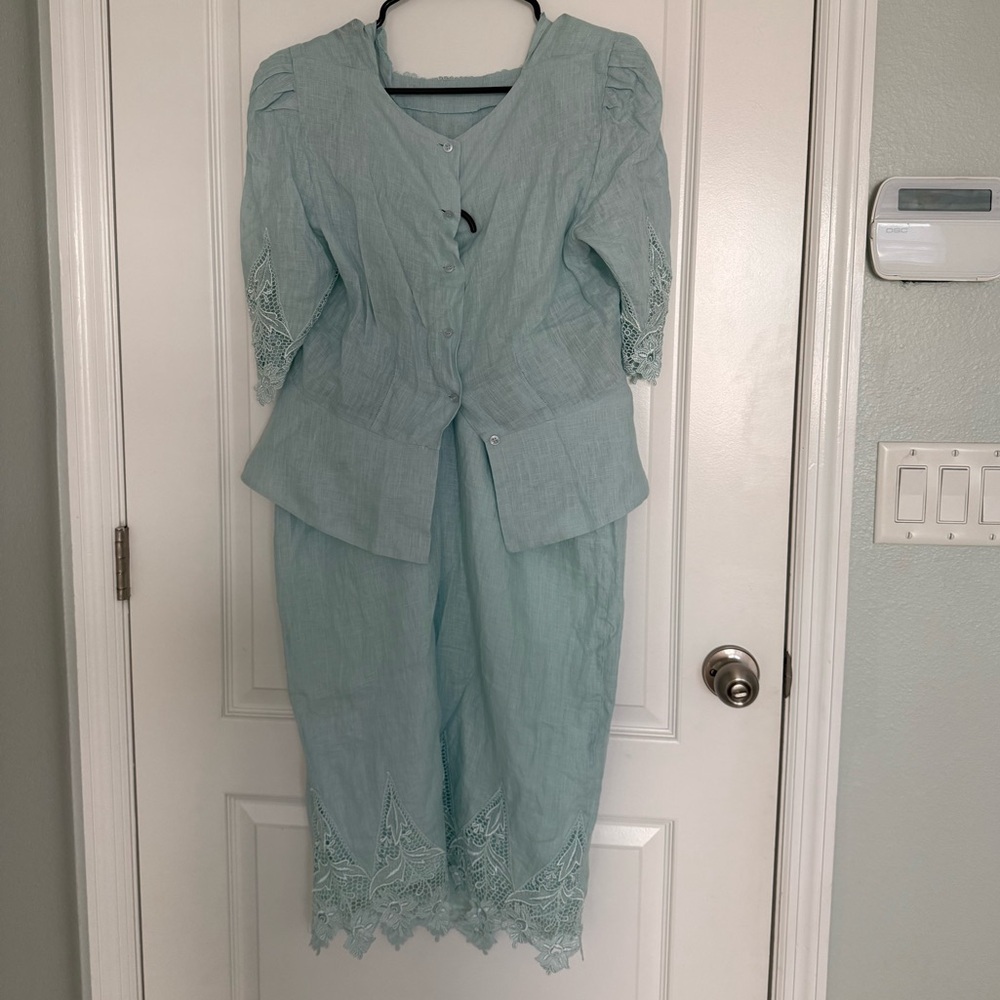 Cloak Of Many Colors Liberty & Lucrezia Set Sz 12 Linen Lace Mint Top Skirt VTG - Picture 4 of 14